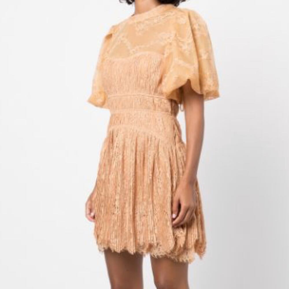Jonathan Simkhai Bristol Dress Peach Mini Lace Pleated Puff Sleeve Sz 6